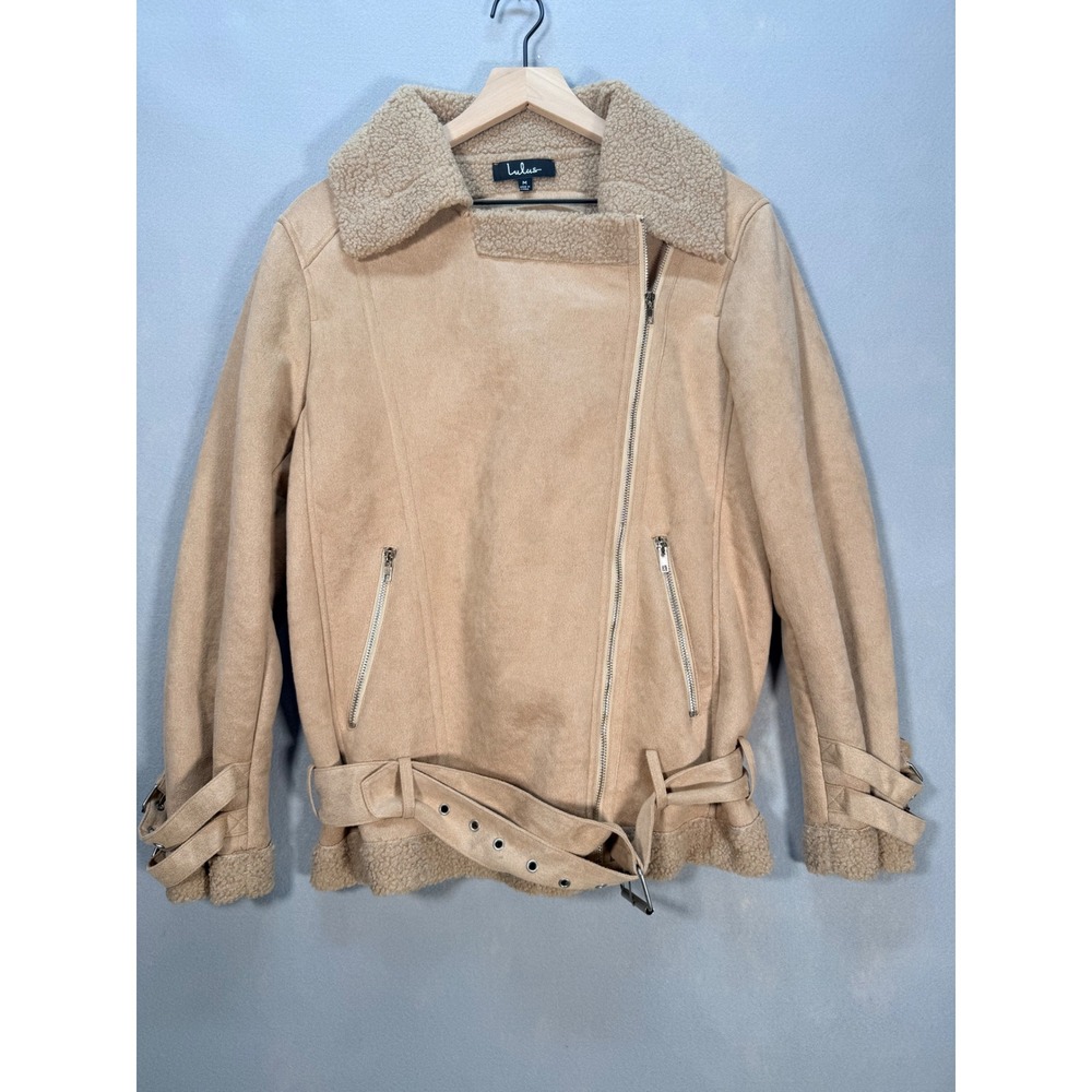 Lulus Tan Faux Suede Shearling Trim Moto Aviator Jacket Womens Medium Belted